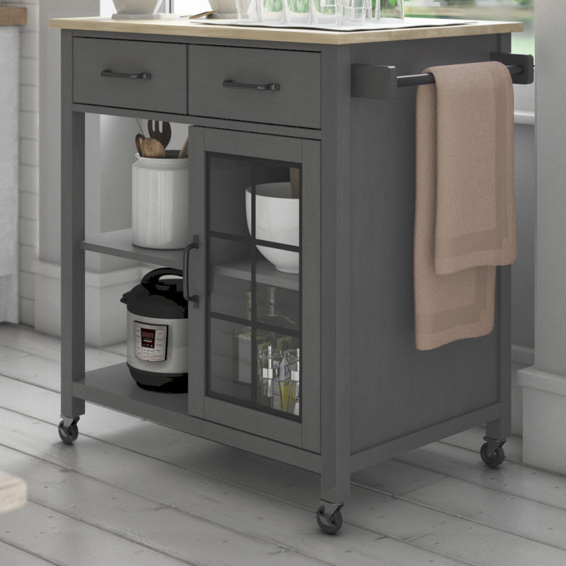 August Grove® Wommack Rolling Kitchen Cart with Solid Wood Top